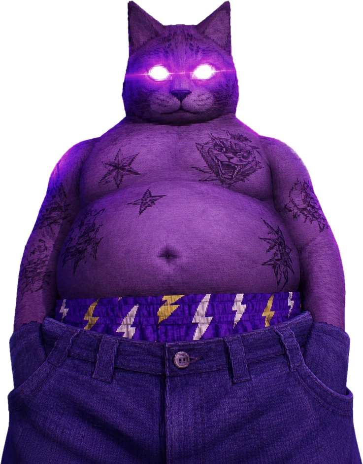 a fat tattooed cat with glowing eyes standing on a neon street